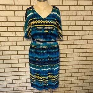 Lane Bryant Blue & Yellow Zigzag V-Neck Midi Dress